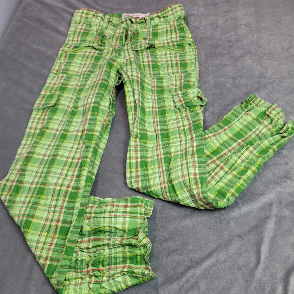 The Childrens Place Kids Green Plaid Cargo Pants Metallic Adjustable Waist 10